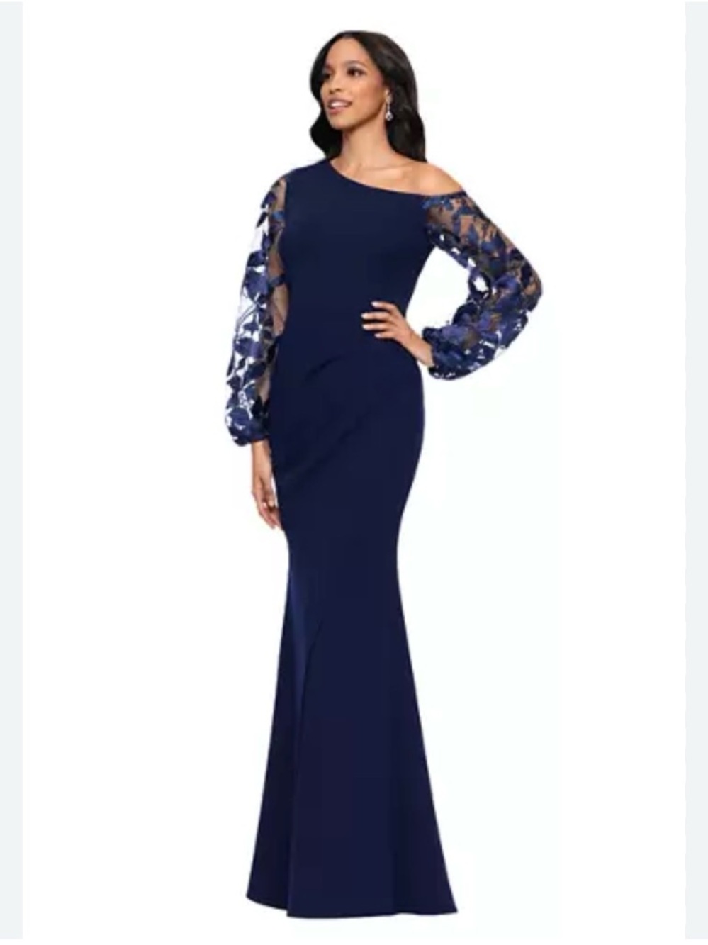 Betsy & Adam Women's Ruched Lace Sleeve Gown In Navy Sz 14P Party Dress $279 NWT